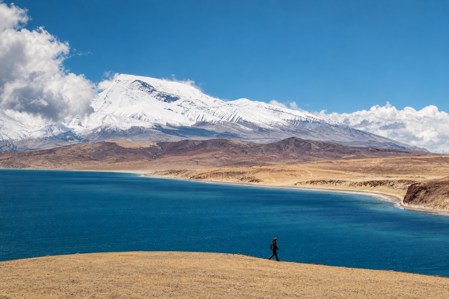 无方旅行雪山、蓝色湖泊与独行旅人的主视觉